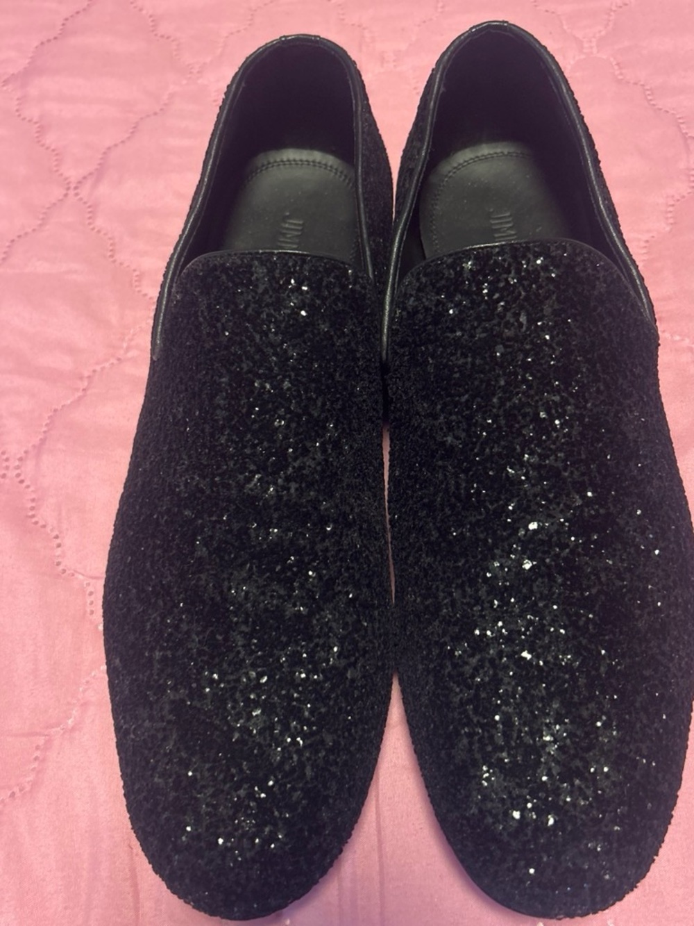 Jimmy Choo Black Glitter Slip-On Loafers